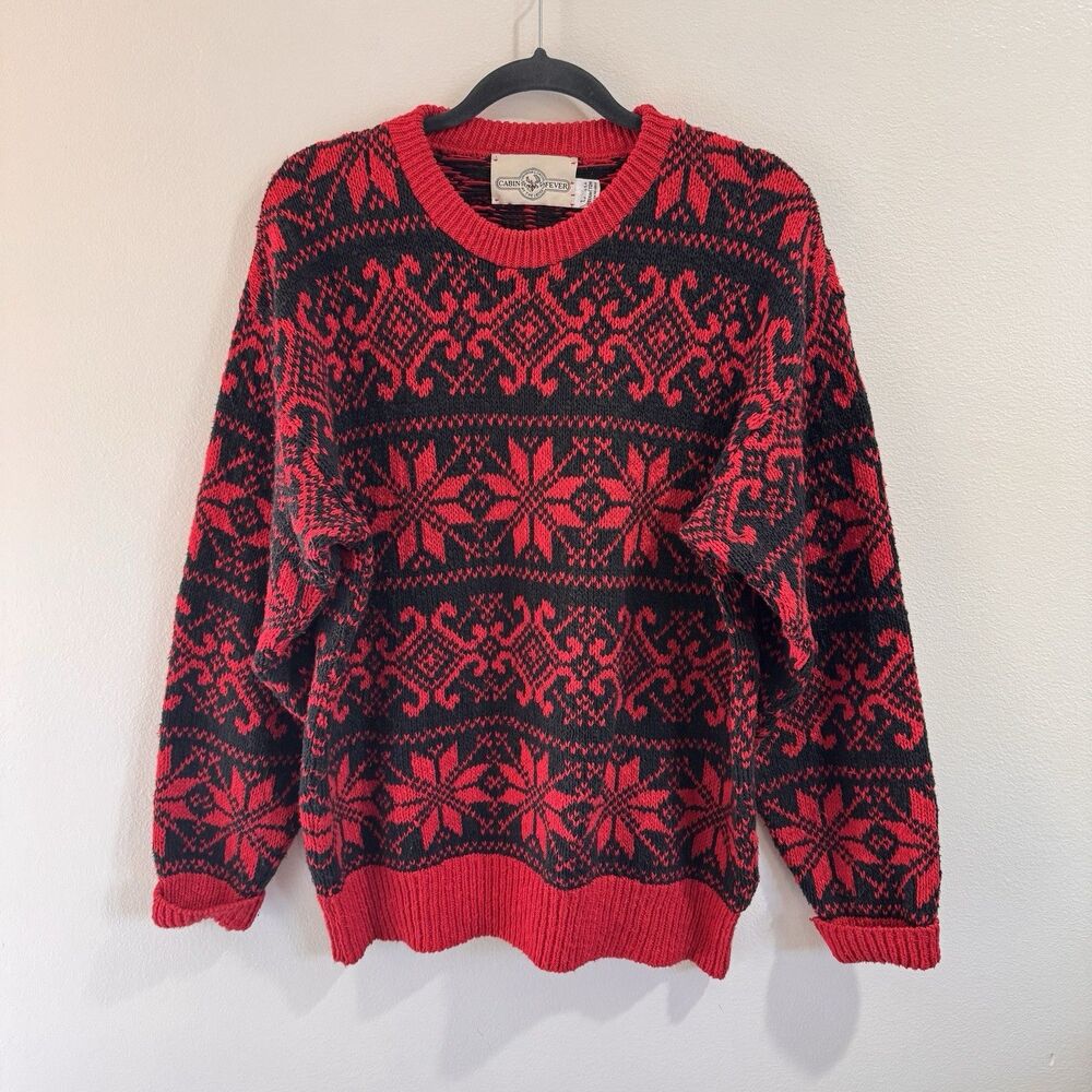 Vintage 80s Cabin Fever Sweater L Mens Fair Isle Snowflake Holiday Red Cotton